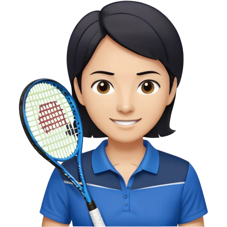 light brown skinned tennis coach, short straight black hair with widow's peak, oval face, small eyes, smiling, holding blue Yonex tennis racket, wearing dark navy blue dry fit shirt emoji