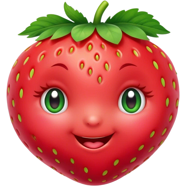 Cinematic plump happy strawberry, glossy bright red, tiny round eyes and blushing cheeks, green leafy top slightly tilted, cheerful and charming. emoji