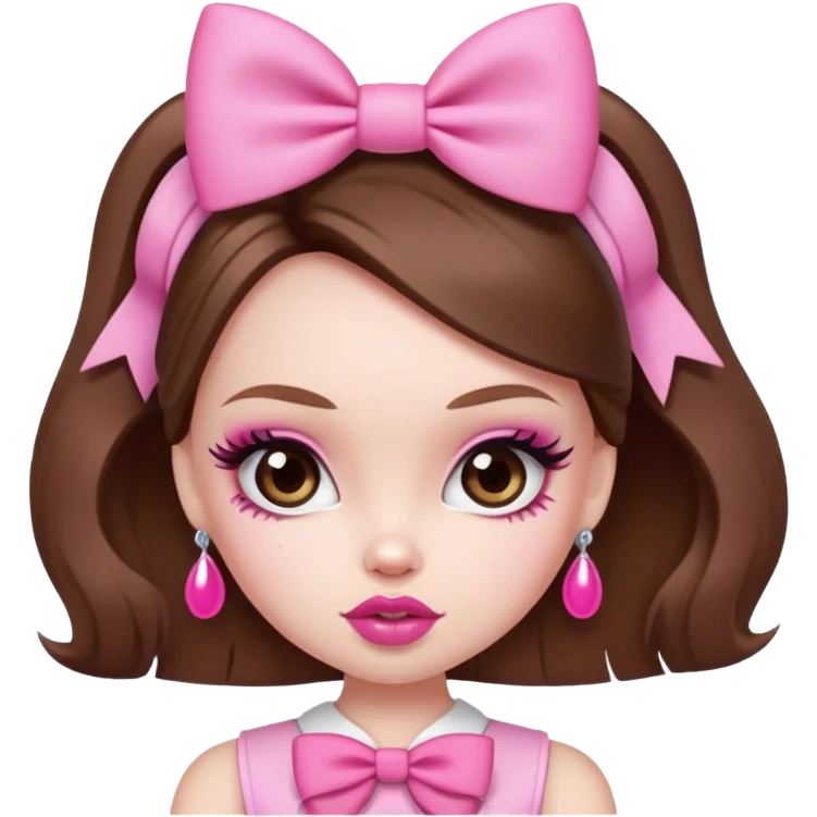pretty bratz baddie, pale skin, brown hair, pink bow, cute emoji
