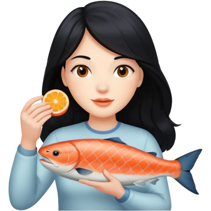 White lady with long black hair and a round face holding a salmon  emoji