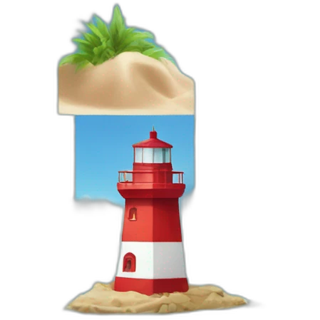 landscape, red and white lighthouse in the sea, six rectangular stones around, some sand and a coconut tree emoji