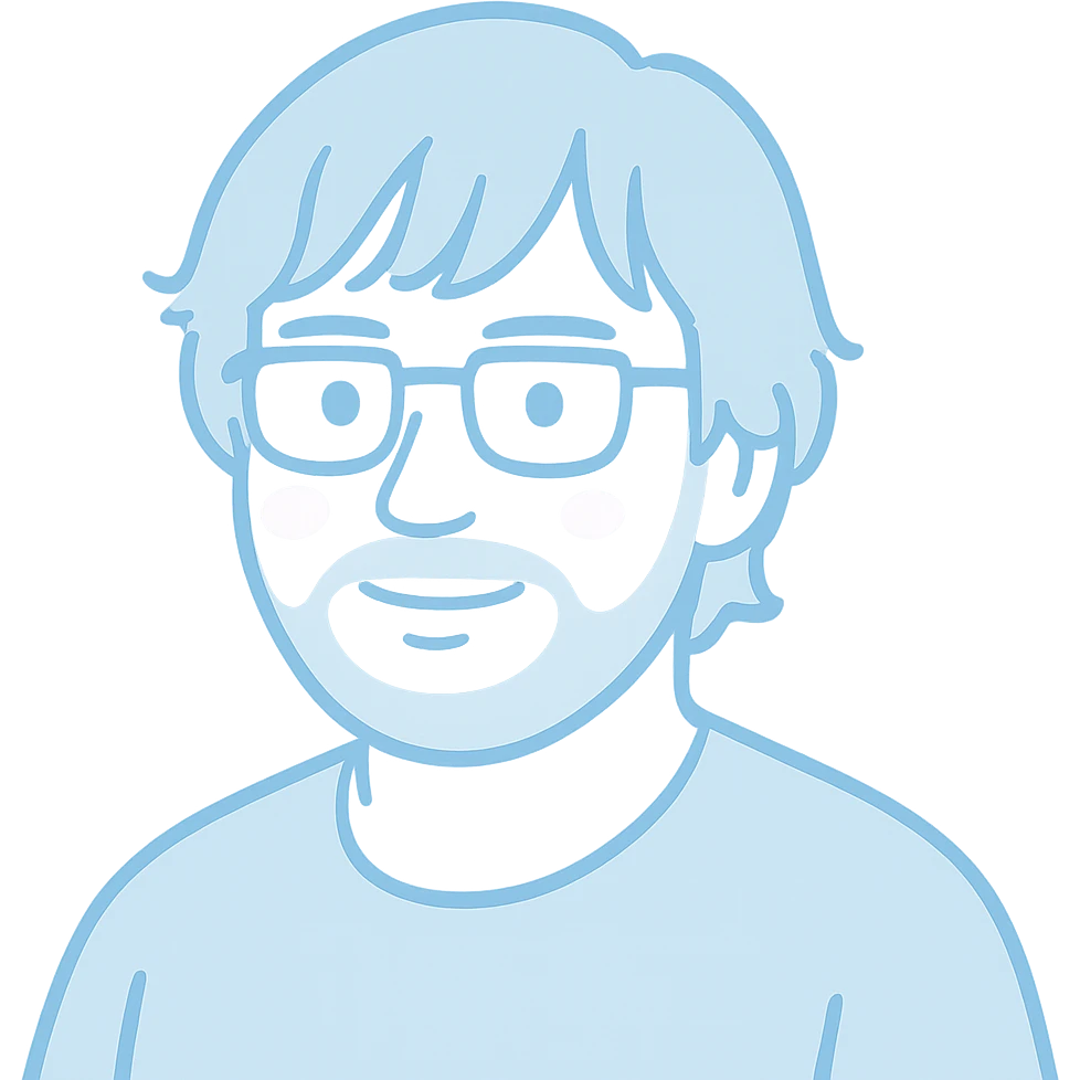 A thoughtful man with rectangular glasses, fashionably tousled longer hair with trendy bangs that frame the face nicely, a naturally round face, and a slightly wider nose. Use soft pale blue for all main features and line work, minimal pink highlights only on the cheeks, and light gray tones only for the neat short beard and subtle shadows. emoji