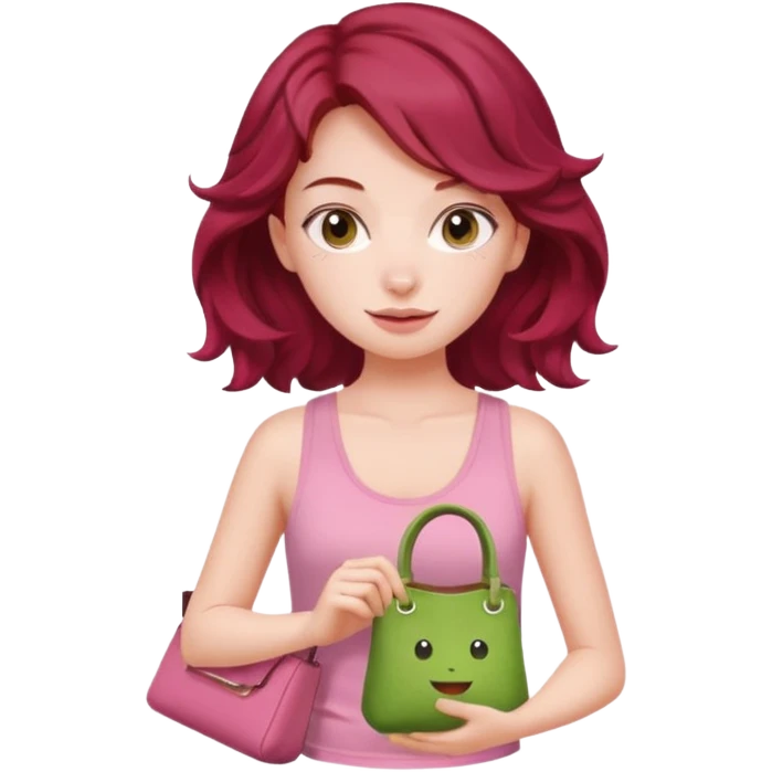a pretty fair bratz girl with wavy dark red hair, wearing a pink tank top , carrying a matcha and a pink bag emoji