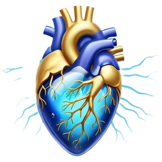 Golden omega-3 fish oil capsule with ethereal blue glowing aura connecting to a translucent heart and brain, showing energy flowing between them, with soft light waves emoji