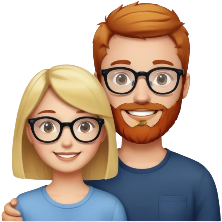 Girl with short brown hair and round glasses smiling next to man with blonde hair and red beard. emoji