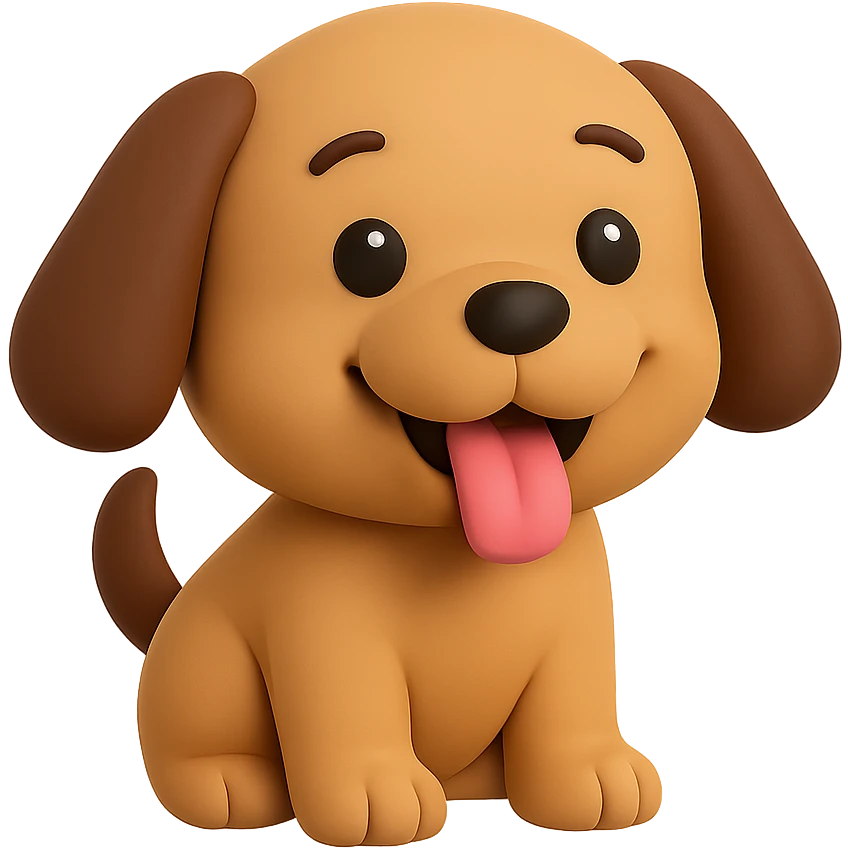 A playful puppy with floppy ears and a wagging tail, looking cheerful and friendly emoji