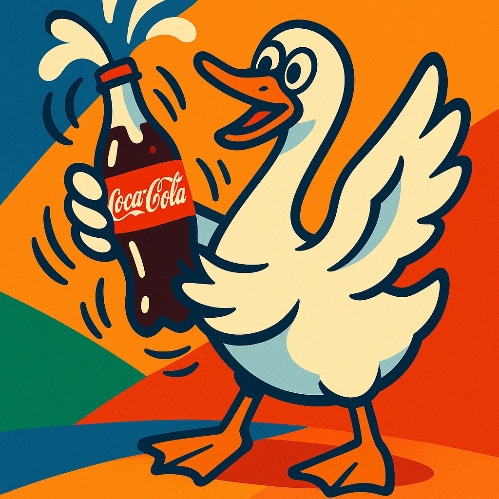 a goose shaking a Coca Cola bottle, vibrant and playful emoji