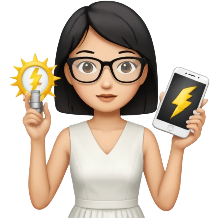 asian teacher with a white dress holding a flash with retangle glasses and black short hand  emoji