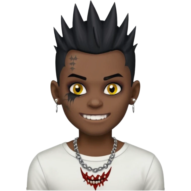 zombie boy with spiky emo black hair and white shirt , tattos, a risk on the eyebrow, earings,  a necklace emoji, with grills in his mouth and he’s smiling, change skin color to darkskin emoji