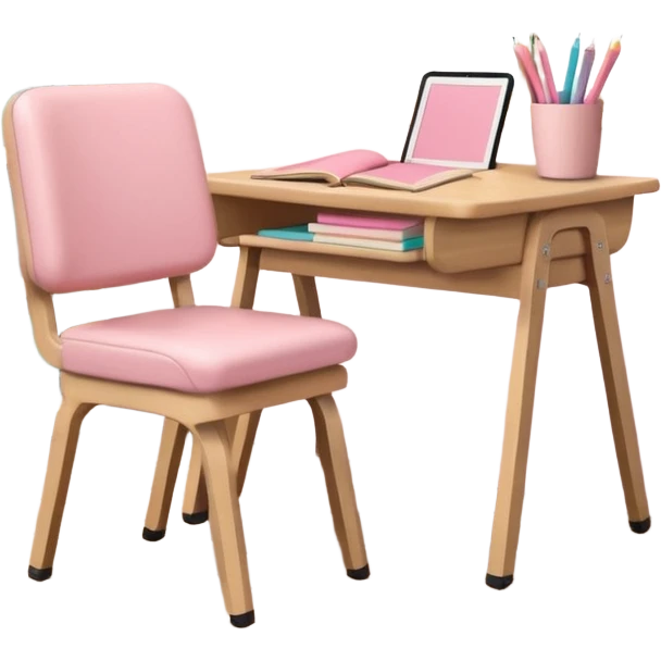 Student library table with pastel pink stationery, beige tote bag on the chair emoji