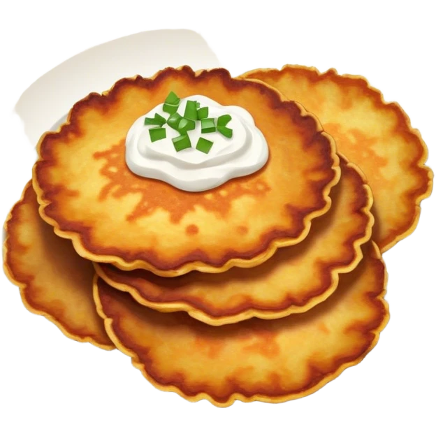 Cinematic Realistic Placki Ziemniaczane Dish Emoji, depicted as crispy potato pancakes served with sour cream rendered with vivid textures and warm, appetizing lighting. emoji
