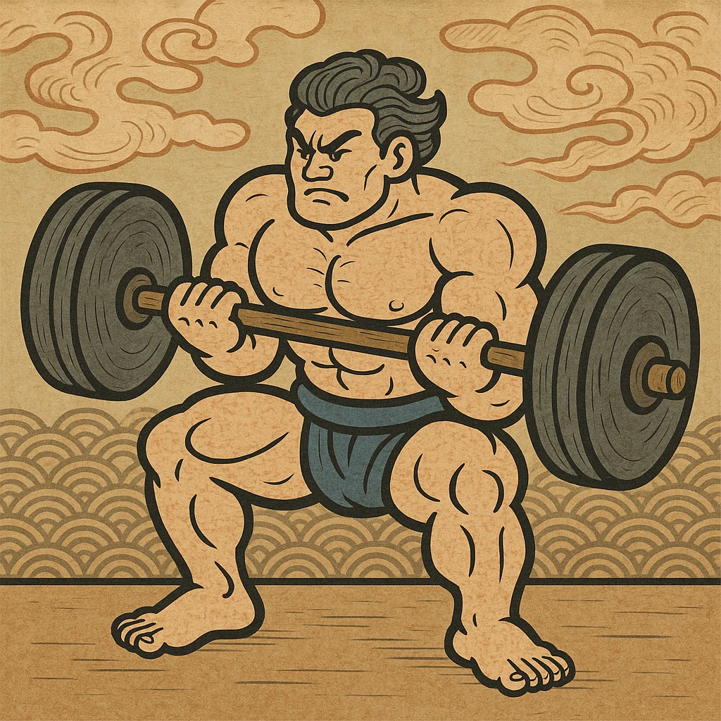 A muscular cartoon character lifting weights emoji