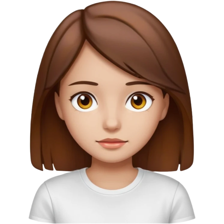 A Girl with Brown hair and Brown eyes with a t-shirt White. The t-shirt have un  emoji