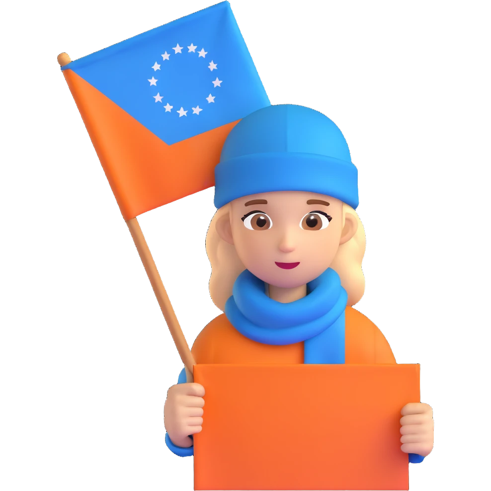 girl with blue beanie holding a protest flag for social justice emoji