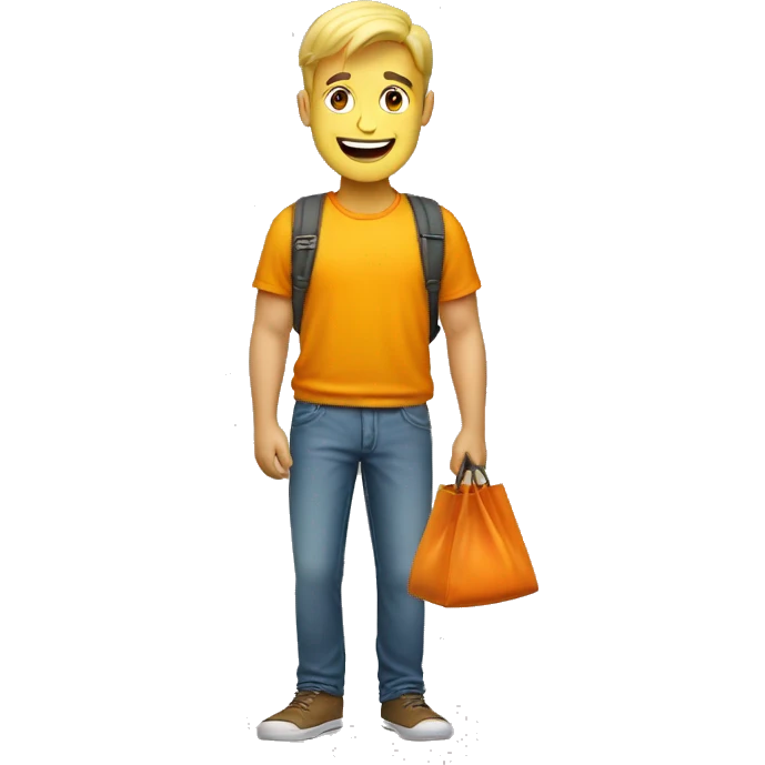 a blond guy with yellow shirt and orange bag who is very happy emoji