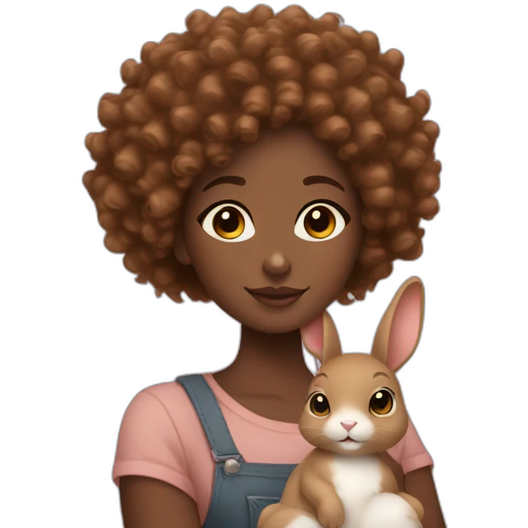 black woman with sparkly brown curly hair holding cute floppy eared light brown bunny emoji