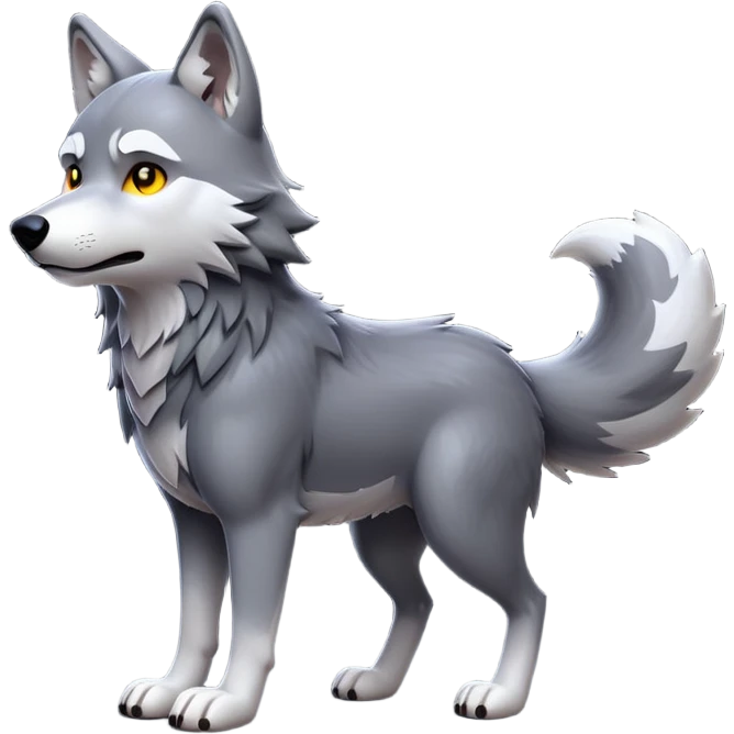 cinematic-[wolf]-realistic-full-body-standing-emoji,-tail-resting-loosely-beside-its-paws,-head-tilted-dramatically, -scruffy-[grey]-fur,-simplified-yet-realistic-focused-features,-highly-detailed,-glowing-with-an-almost-sarcastic-glow emoji