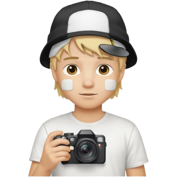 Young male, holding camera, white t-shirt, cap, blond hair emoji