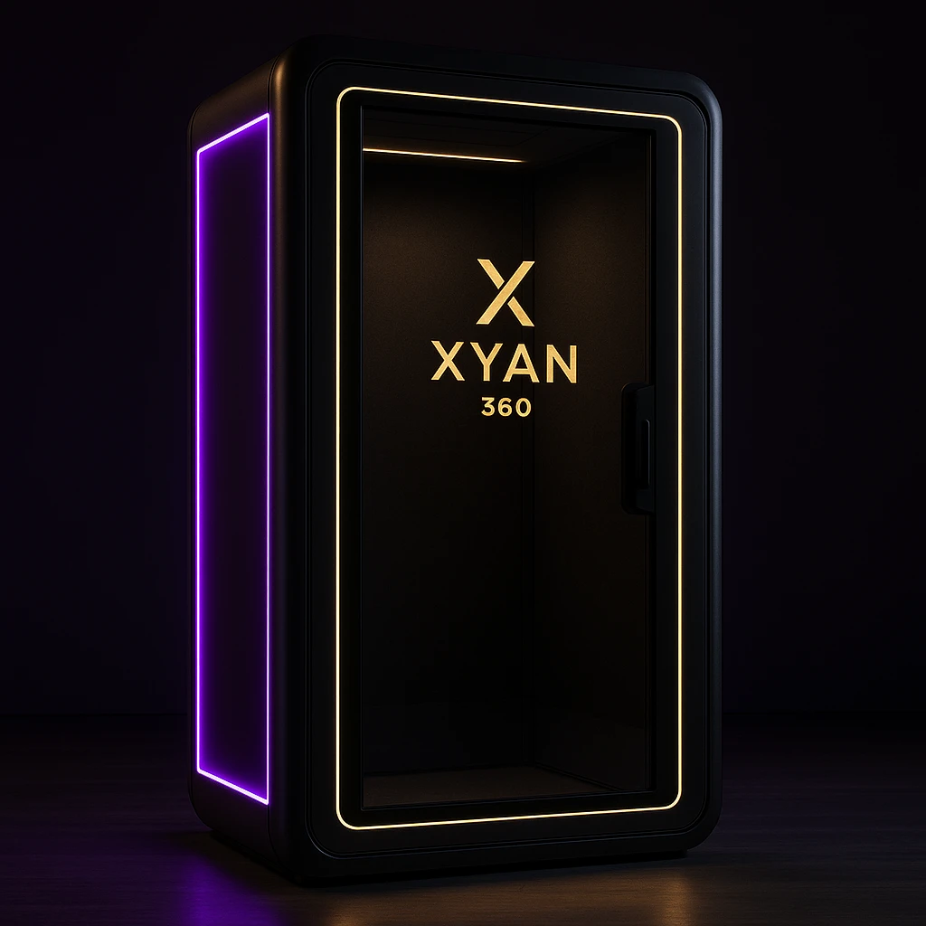 A privacy enclosure booth with glowing LED strips in purple and gold, 'Xyan 360' logo displayed, upscale and modern style emoji