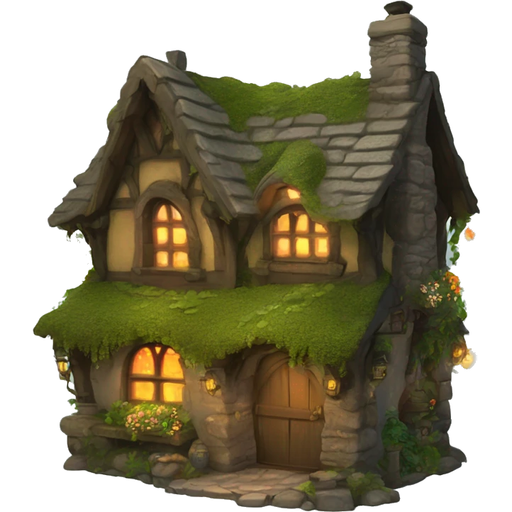 A cozy fantasy cottage made of stone and wood, covered in moss, vines, and flowers. The windows are aglow with firelight. emoji