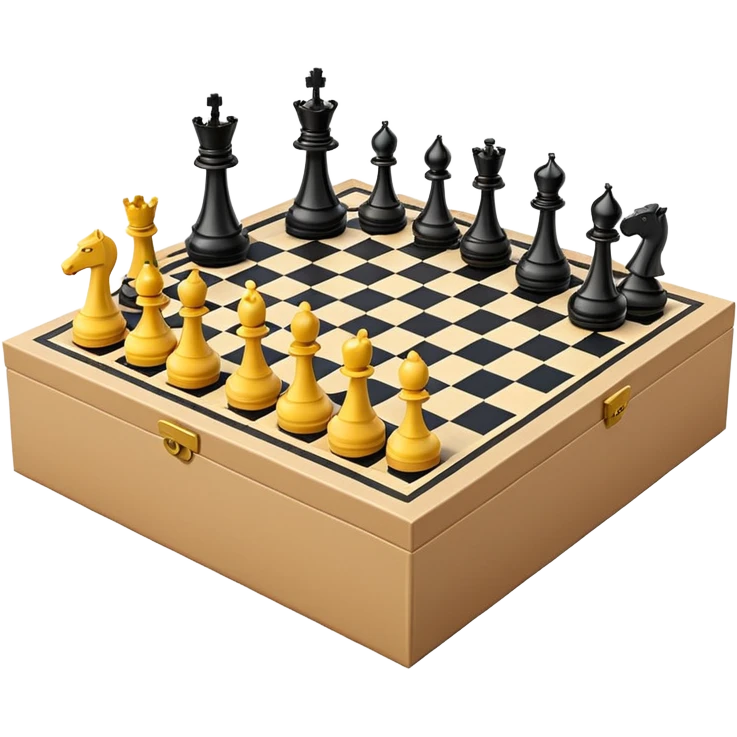 luxury open cardboard box with chessboard inside and scattered floating chess pieces, emoji style emoji