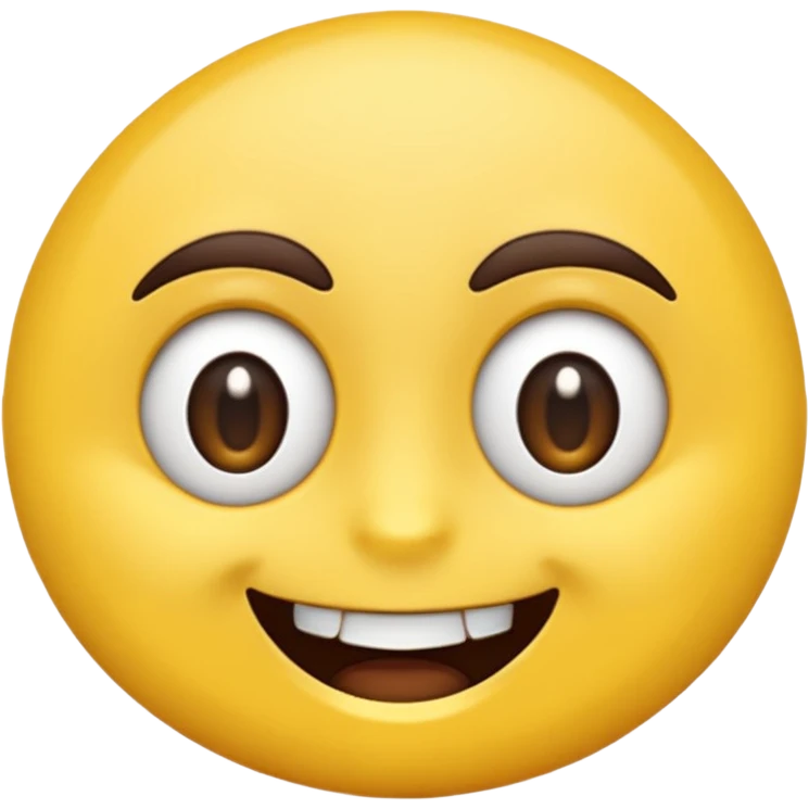 A hyper-realistic 3D render of a cartoon-style emoji face with exaggerated features. The emoji has a bright yellow, smooth, rounded face with large, shiny, expressive brown eyes and raised dark brown eyebrows. It shows an extremely wide, exaggerated smile with perfectly aligned, large  emoji