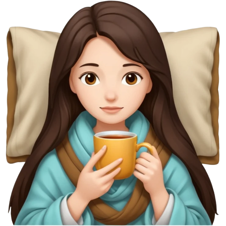 brunnette girl with long hair snuggled up in a blanket and holding a hot tea in her hands emoji