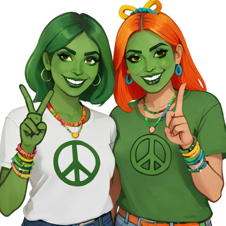 2 women between a peace sign emoji
