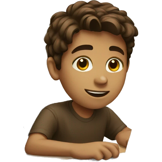 Brown haired boy at desk with a laptop emoji