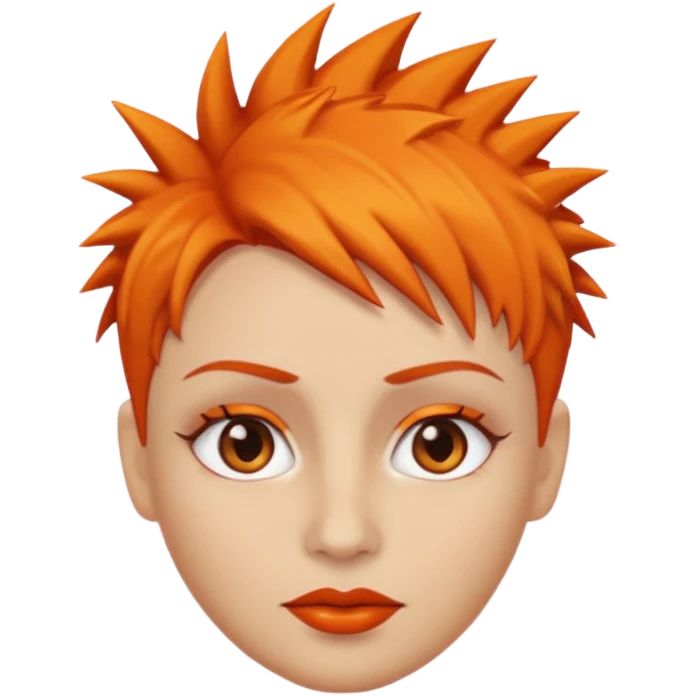 A person emoji with light skin, short spiky orange hair swept to one side, matching orange eyebrows, brown eyes, an oval-shaped face, a small nose, and dark lipstick. emoji