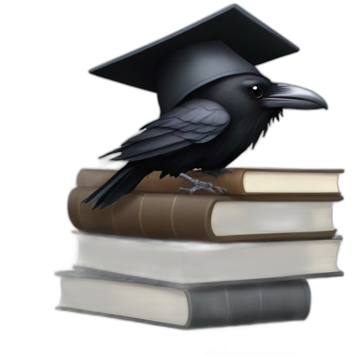 raven in student cap with a stack of gray and brown books emoji