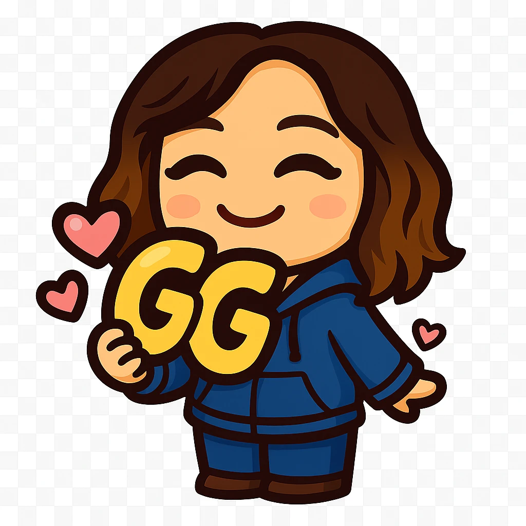 Sticker style chibi emote, matching the attached green heart emote as a base. Woman from reference, blue hoodie and jeans, holding a large, bubbly 'GG' sign with hearts, cute happy face, no headband, no wand, transparent background. emoji