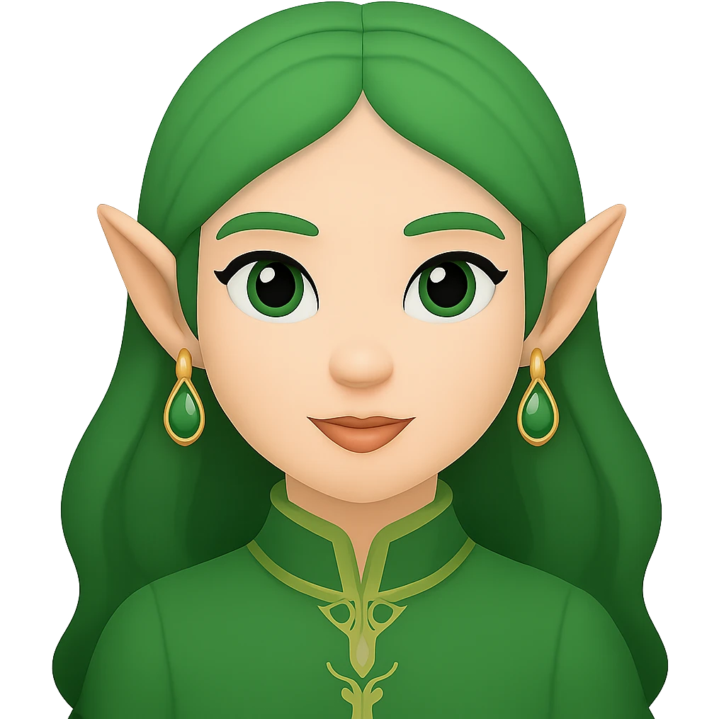 Create an Apple emoji style image of a woman with elf ears and green hair, no background. emoji