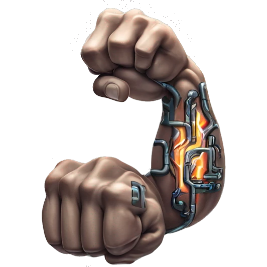 Flexing cyborg bicep and forearm with circuits and shocks emoji