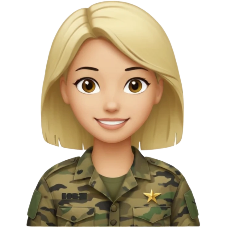 Apple-style emoji: female soldier, bust, no cap/helmet, friendly smile, generic camo top, blonde  black color hair emoji