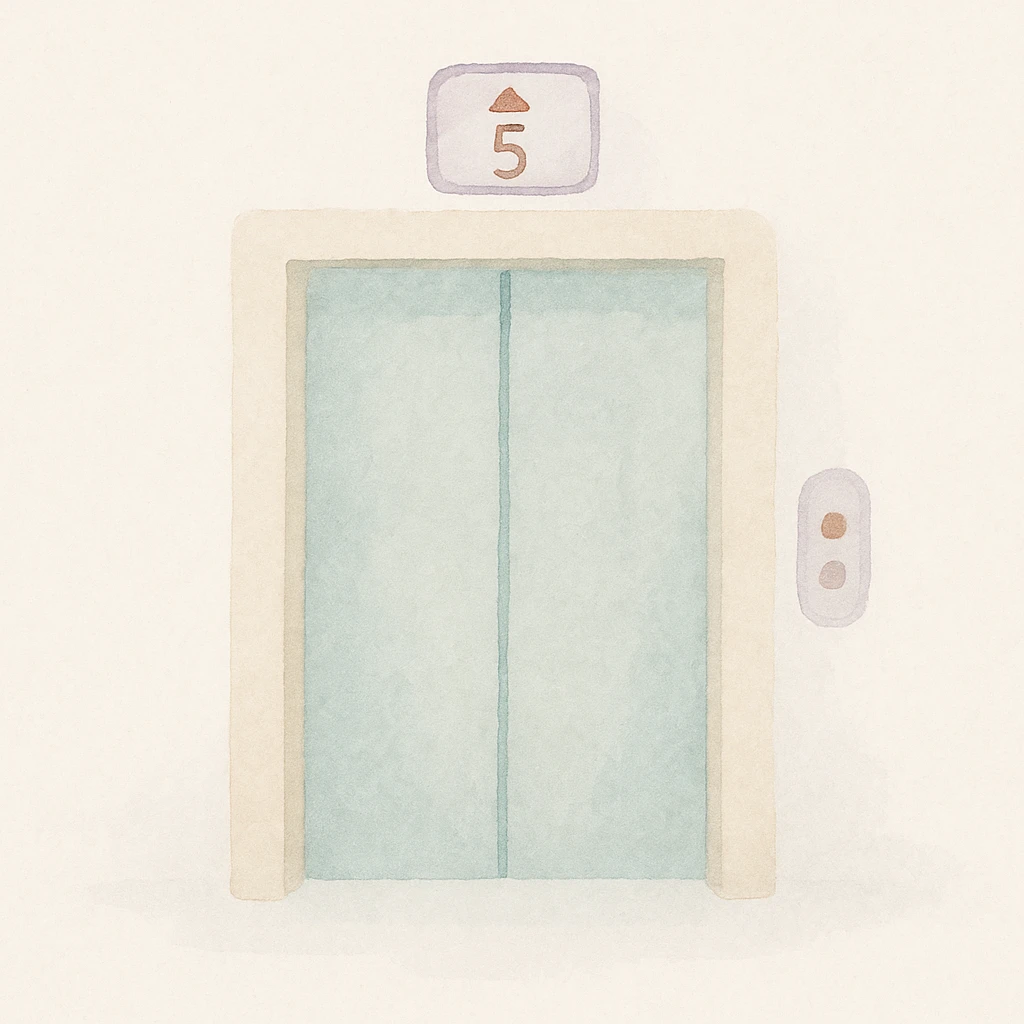 soft watercolor illustration in a minimalist modern style, pastel colors, delicate linework, gentle whimsical mood, minimal soft shading, elevator with indicator showing 5th floor emoji