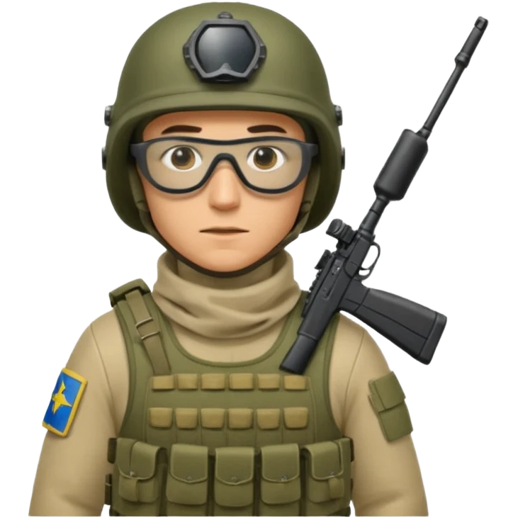 Ukrainian Intelligance agency warrior man in platecarrier with nato riffle in helmet, balaclava, poncho and ballistic glasses emoji