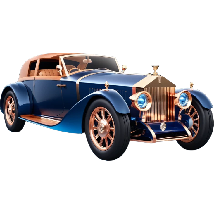 dark blue led lights on a hot rodded delicately inlaid rose gold and wood accentuated sporty 1889 Rolls Royce with futuristic electric spaceship plasma neon ic motors and dynamos with wide racing wheels that are held strong by advanced suspension and steering emoji