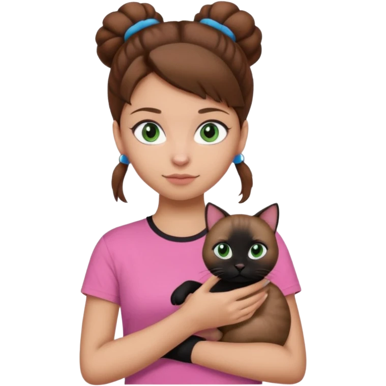 girl emoji with blue eyes, light skin, brown hair in a bun, wearing a pink t-shirt, holding a black cat with green eyes emoji