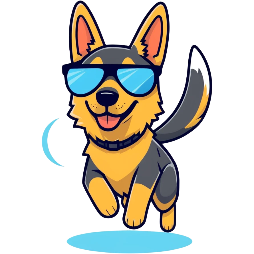 illustration style, German shepherd wearing sunglasses, playing frisbee emoji