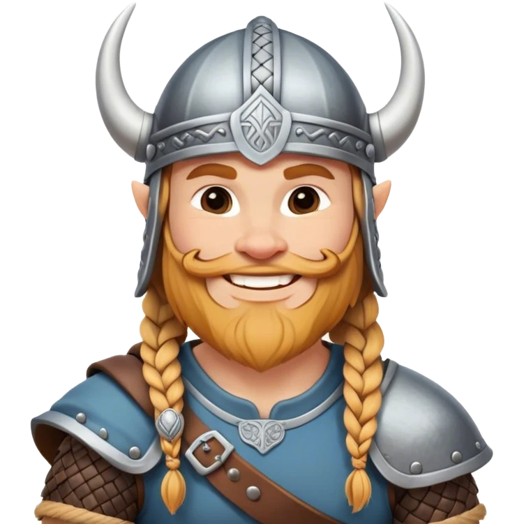 Clash of Clans aesthetic: Cinematic Cheerful Viking Portrait Emoji, With a bright, confident smile and a relaxed, adventurous stance, showcasing a stylized, spirited build with a classic Viking helmet and braided hair, his natural skin tone lending authenticity, Simplified yet expressive features, highly detailed, glowing with a soft, golden Nordic radiance, high shine, upbeat and courageous, stylized with an air of classic Viking heroism, soft glowing outline, capturing the essence of a cheerful Viking ready to embark on legendary quests! emoji