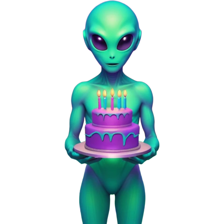 A neon-colored alien holding a holographic birthday cake, 1980s vaporwave aesthetic, grid floor, purple and cyan sunset, glitch effects, synthwave atmosphere, retro futuristic style
 emoji