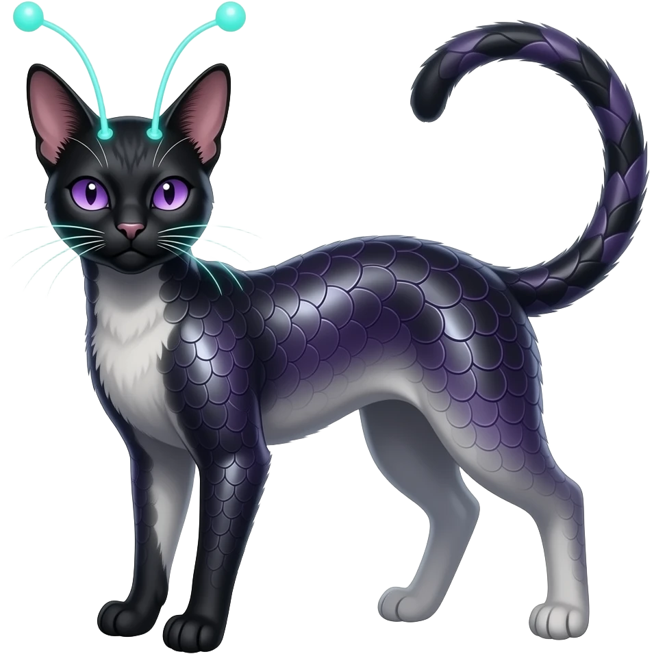 Realistic slim elegant Abyssinian bioluminescent dull, scaly furry oil-blackish oily greyish, purplish, whitish abyss-fantasy-Zorua-Sprigatito-Absol-feline-Fakémon-fusion, with thin neon-glowing bulb-antennae-whiskers, full body emoji