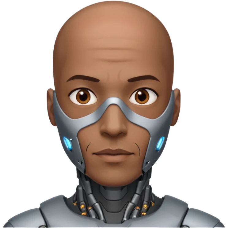 bald dark brown man, vertical half of his face covered in cyborg augmentations emoji