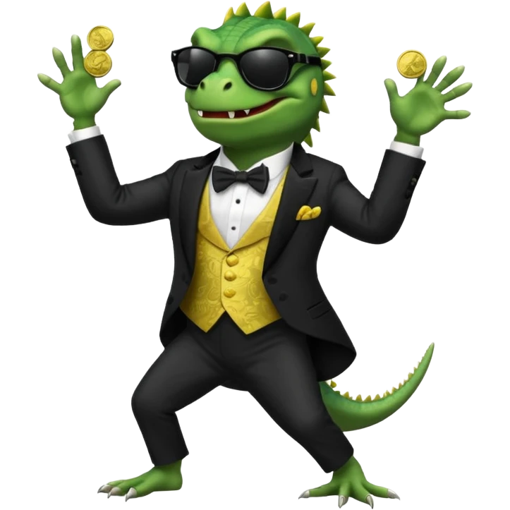 capitalist iguana banker in tuxedo and black sunglasses dancing crazy with coins emoji