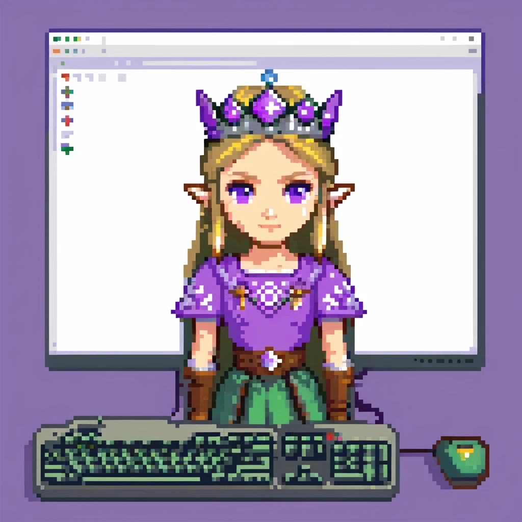 Princess Zelda wearing her crown and purple dress programming with code visible on computer screen emoji