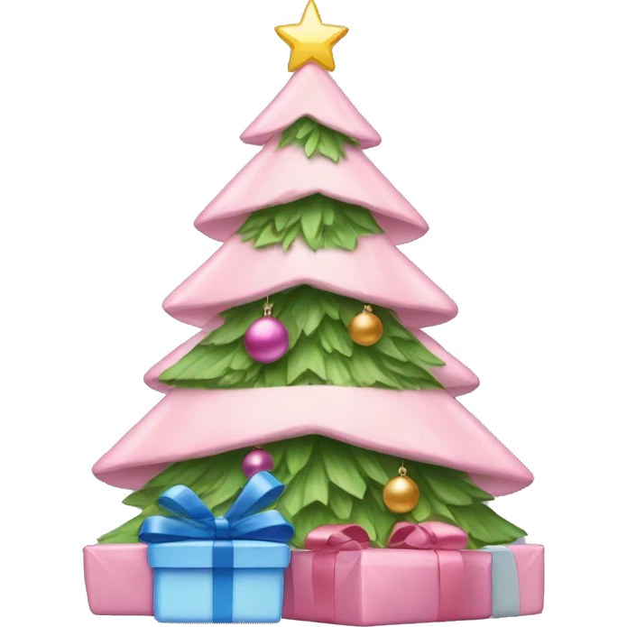 Light Pink Christmas tree with blue bow at the top and presents  emoji
