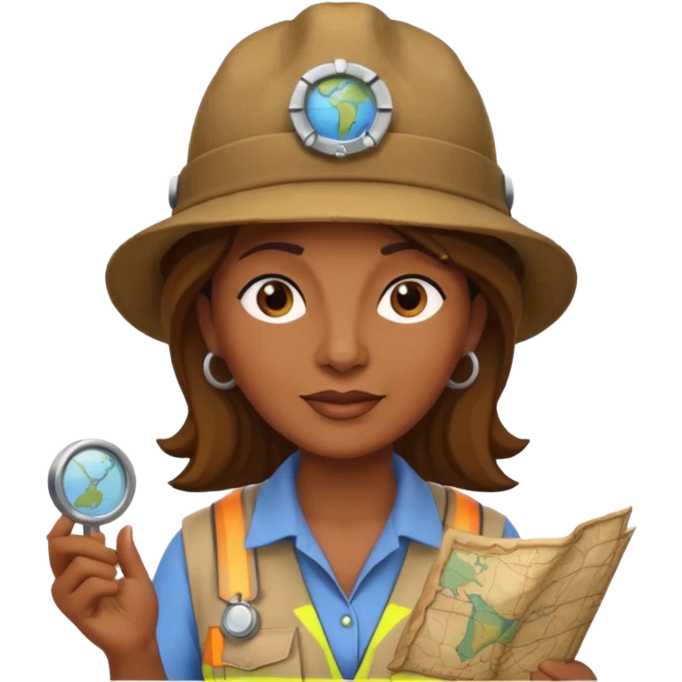 55-year-old female archaeologist, brown skin, archaeologist hat, small map on the side emoji