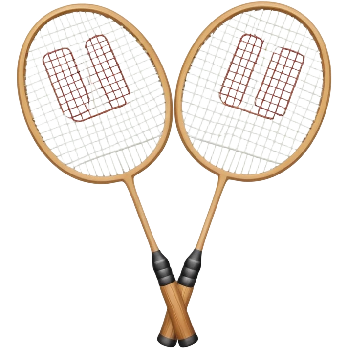 Two crossed badminton rackets with a shuttlecock resting in between, set against the faint outline of a badminton court. The image highlights the tools of the sport, with a subtle emphasis on the court's net and boundaries, symbolizing competition and skill. emoji