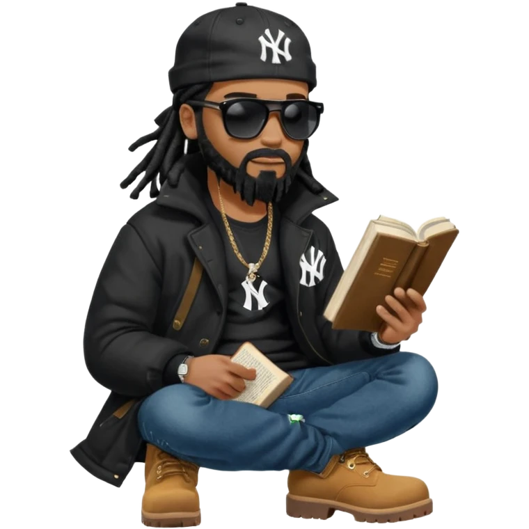 African American man with shoulder length black dreadlocks with black beard wearing black sunglasses wearing a black bubble winter coat wearing a black New York Yankees logo baseball cap wearing denim skinny jeans and Timberland boots reading a Bible emoji